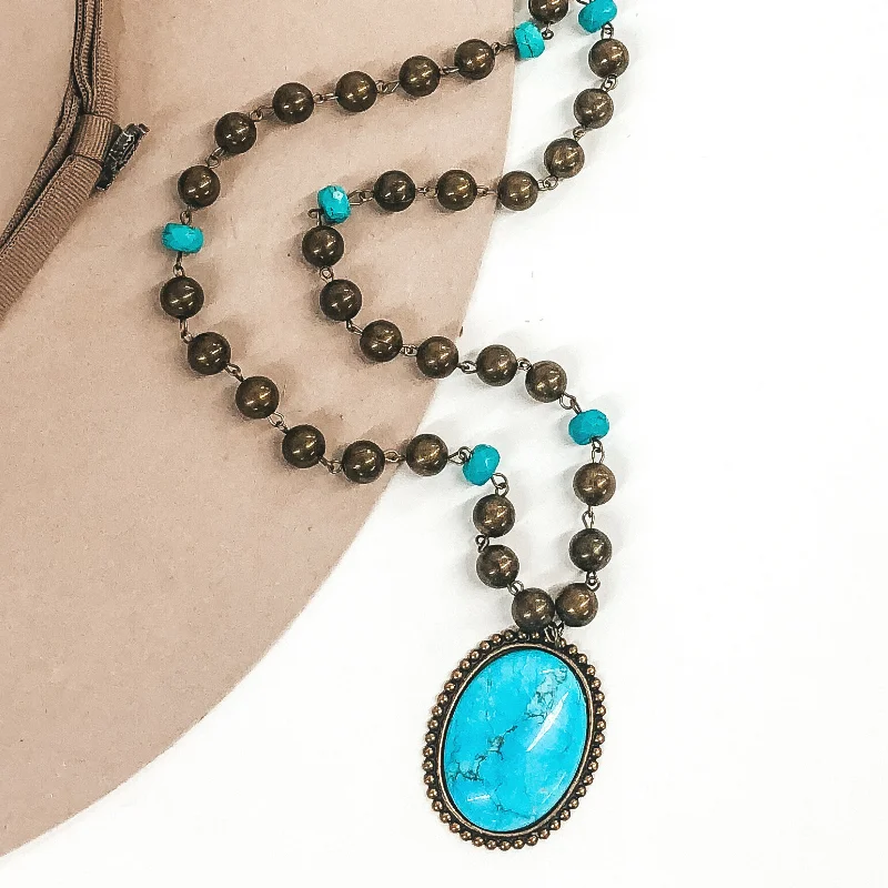 Hematite necklaces-Pink Panache | Burnished Bronze and Turquoise Beaded Necklace with Medium Bronze Oval Turquoise Cabochon Pendant