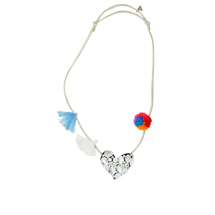 Tourmaline necklaces-Crystal Heart- Rhinestone Embellished Kids Pom Pom Necklace