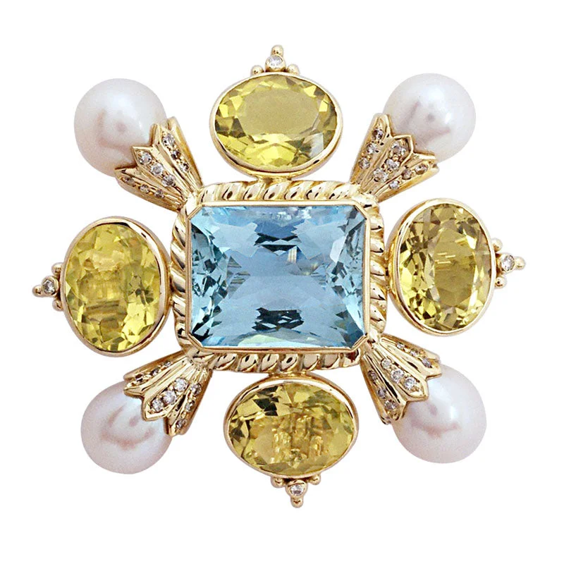 Clear bead brooches-Brooch-Aquamarine, Lemon Quartz, Pearl and Diamond