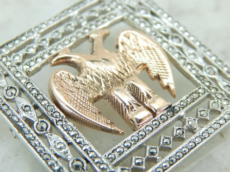 Square gem brooches-Incredible Art Deco Brooch in Sterling and Marcasite with Rose Gold Double Eagle Center