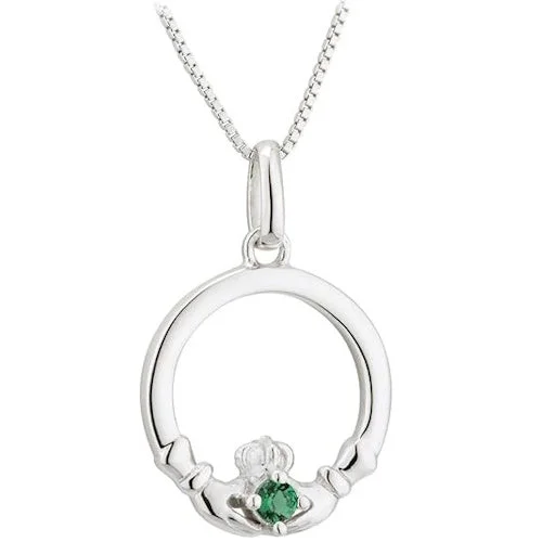 Square pendant necklaces-Irish Sterling Silver Green Crystal Claddagh Pendant Necklace for Women - 18" Chain