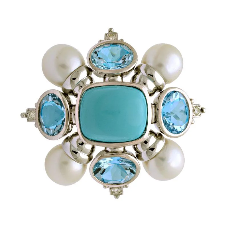 Multi-layer brooches-Brooch-Turquoise, Blue Topaz, South Sea Pearl and Diamond  (134CS)