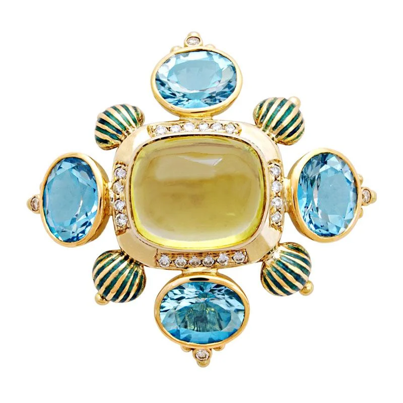 Spinel gem brooches-Brooch-Lemon Quartz, Blue Topaz and Diamond (Enamel)  (1818I)