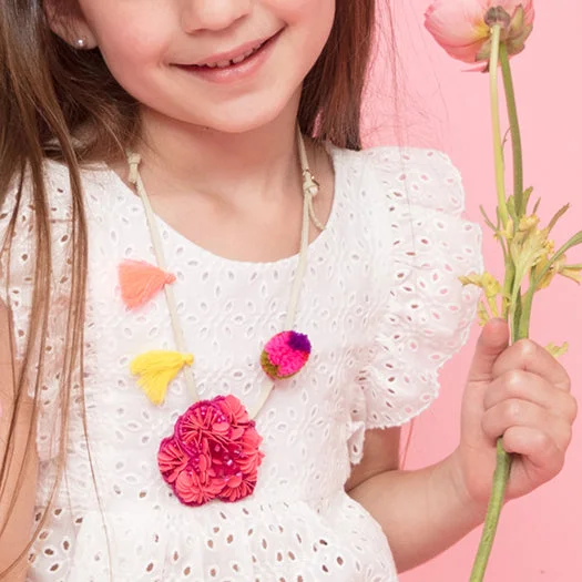 Clear bead necklaces-Pink Flower Embellished Kids Pom Pom Necklace