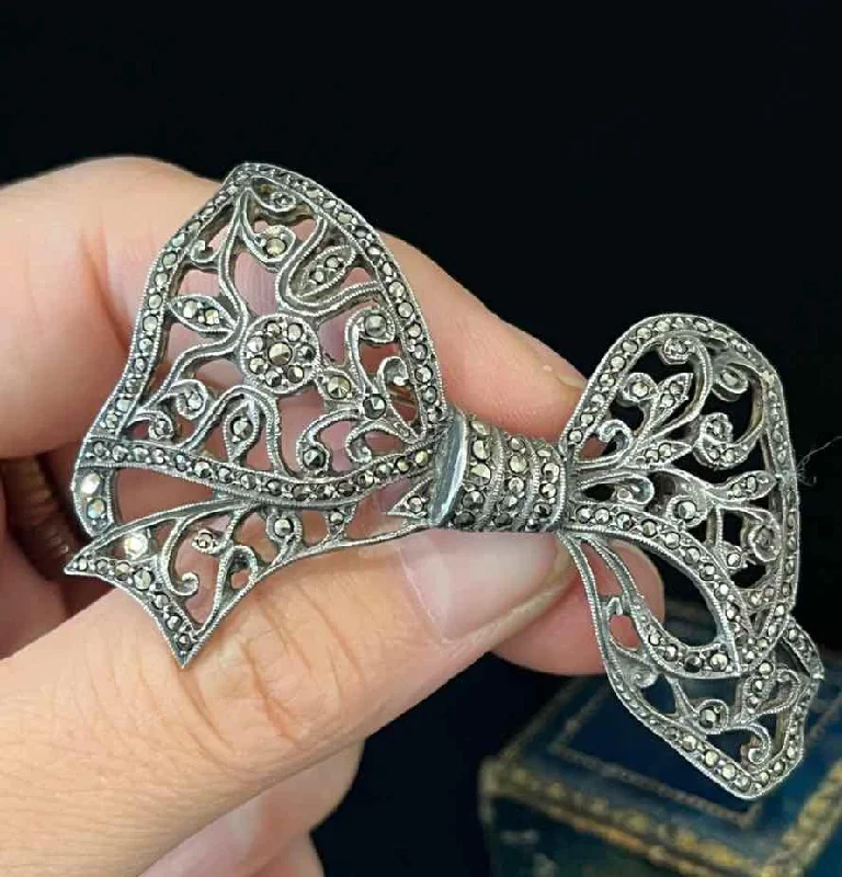 Tri-metal brooches-1930s Marcasite Sterling Silver Bow Brooch