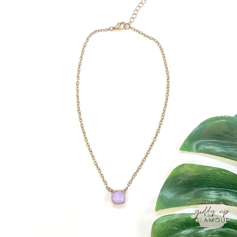 Chained layer necklaces-Pink Panache | Bronze Chain Necklace with Cushion Cut Crystal in Lilac