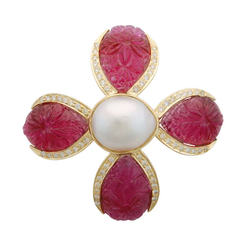 Lavish stone brooches-Brooch-Rubellite, Pearl and Diamond