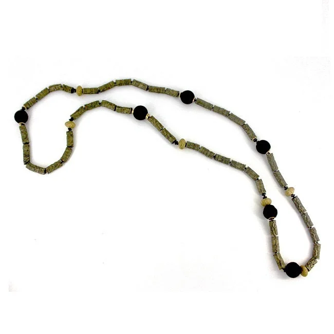 Vertical bar necklaces-Long Hematite Necklace with Black Glass Beads