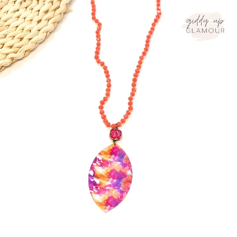 Box clasp necklaces-Pink Panache | Coral Beaded Tie Dye Necklace with Royal Red Delight Cushion Cut Crystal