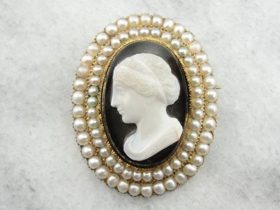 Pink gold brooches-Victorian Mourning Cameo Seed Pearl Brooch