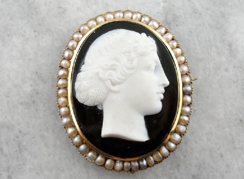 Neon bead brooches-The Female Apostle Juniah: Antique Natural Pearl and Hardstone Black and White Onyx Cameo Brooch