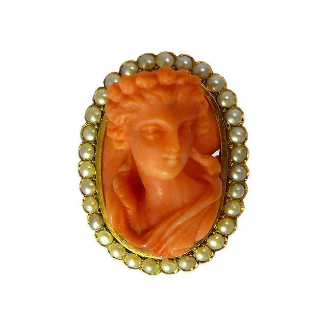 Flush clasp brooches-Victorian Coral & Seed Pearl Cameo Brooch