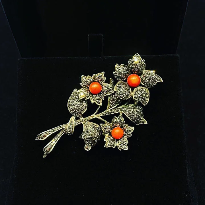 Full moon brooches-Victorian French Coral Flower Brooch