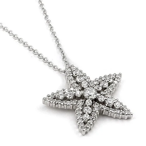 Eclectic charm necklaces-Sparkling CZ Starfish Rhodium-Plated Sterling Silver Pendant Necklace 16"-17"