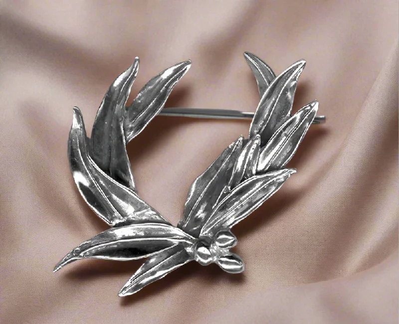 Token coin brooches-Greek Traditional Olive leaf brooch in Sterling silver (K-37)