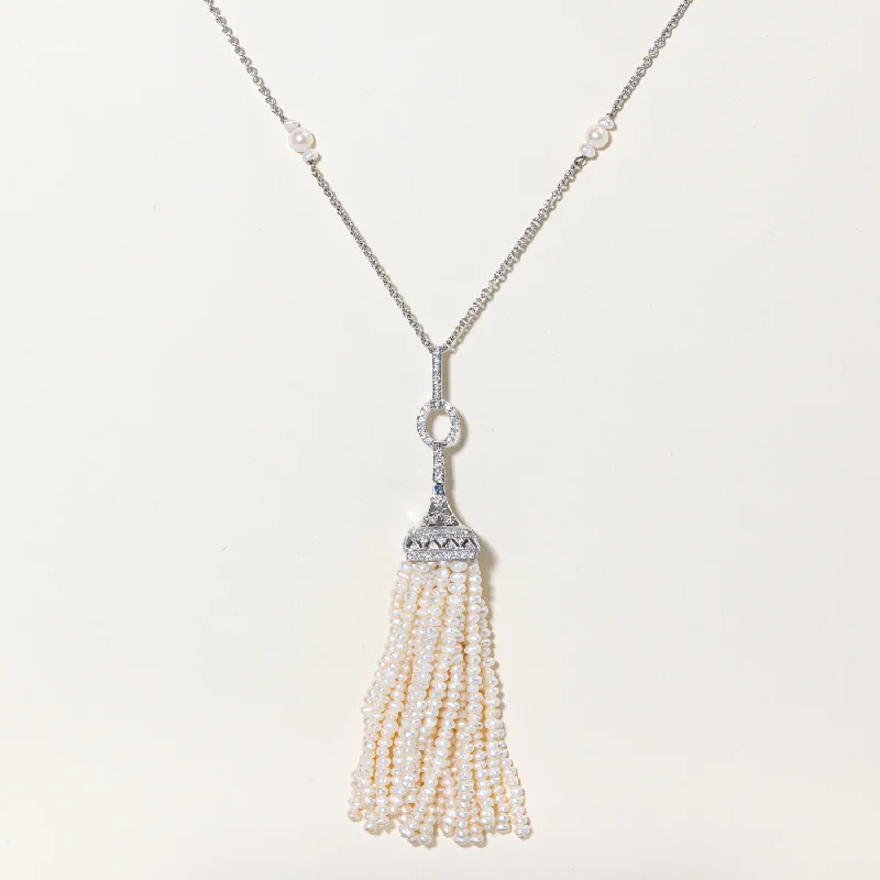 Citrine drop necklaces-Pearl & Diamond Fringe Pendant Necklace | 1.06ctw | 25" |