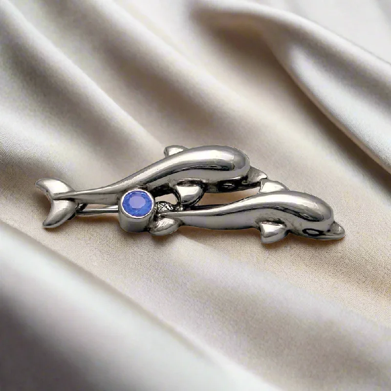 Thick enamel brooches-Minoan Zircon Dolphins Brooch in sterling silver with zircon (K-67)