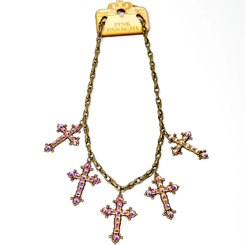 Refined pearl necklaces-Pink Panache | Divine Sparkle Bronze Tone Necklace with Cross Charms and AB Crystal Accents