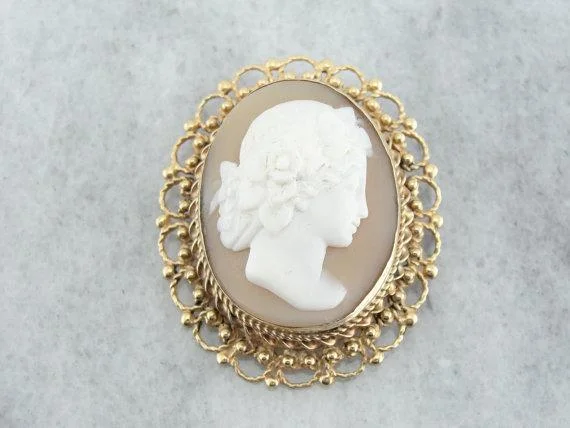 Smoky quartz brooches-Vintage Natural Shell Cameo Gold Filigree Brooch