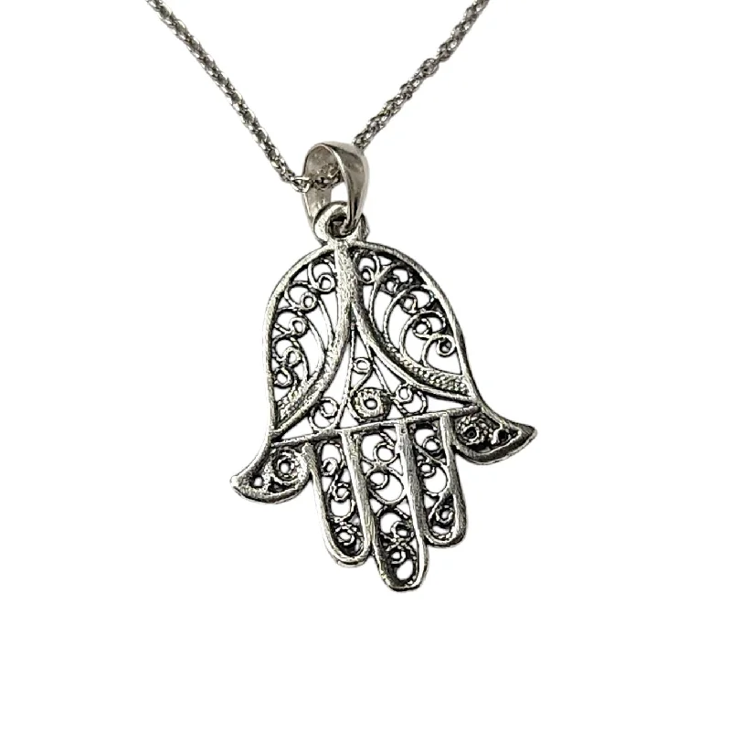 Stamped name necklaces-Sterling Silver Filigree Hamsa Hand Necklace Oxidized