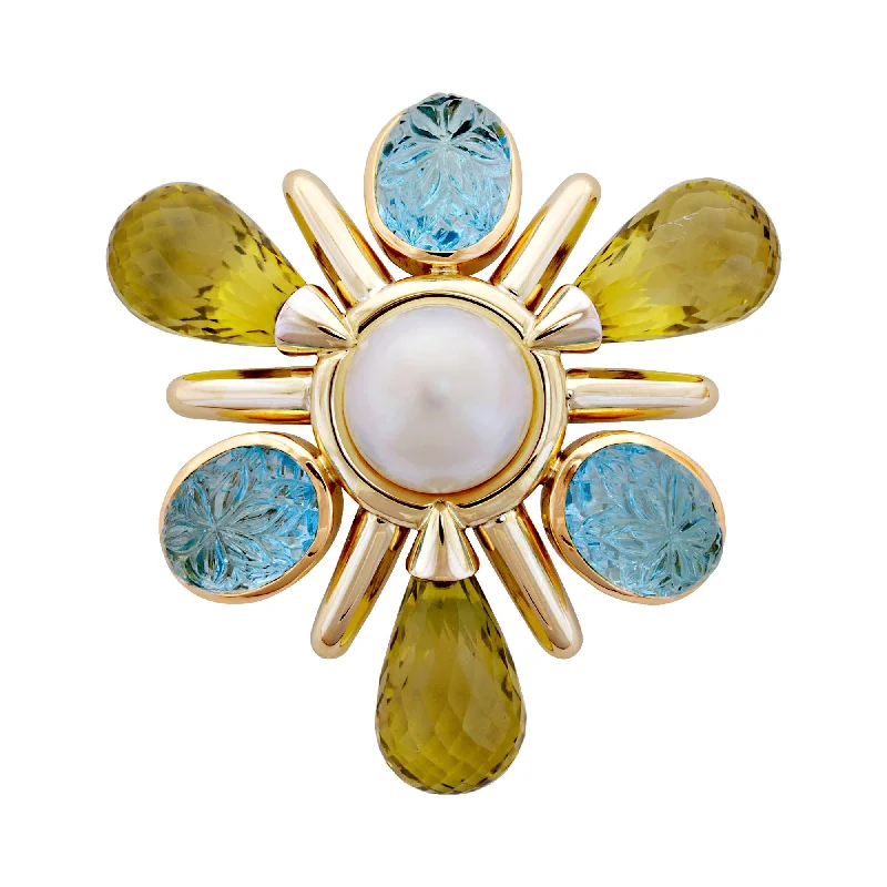 Sculpted art brooches-Brooch- Blue Topaz, Lemon Quartz And Pearl (1855D)