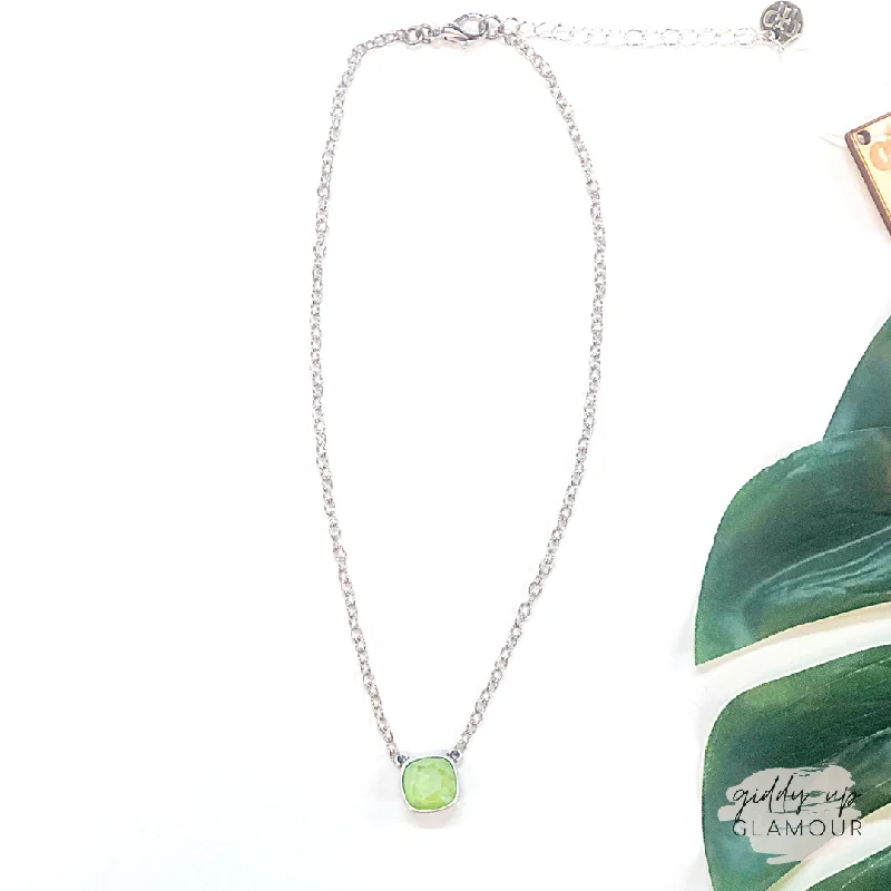 Georgian necklaces-Pink Panache | Silver Chain Necklace with Cushion Cut Crystal in Lime