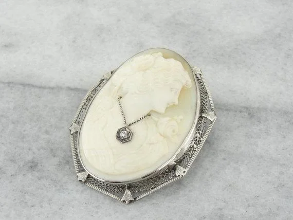 Embroidered brooches-Art Deco Cameo Habille White Gold Brooch