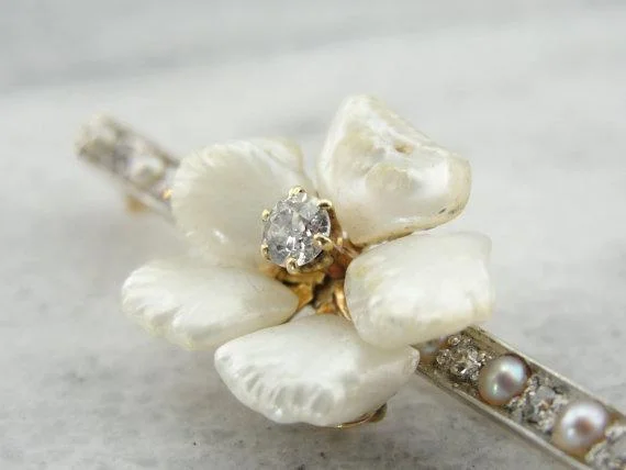 Dove charm brooches-Diamond and Pearl Blossom Brooch