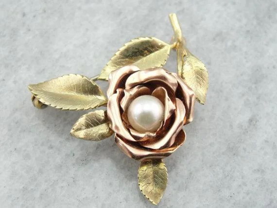 Beaded rim brooches-Green and Pink Gold Rose Brooch with Pretty Pearl Center