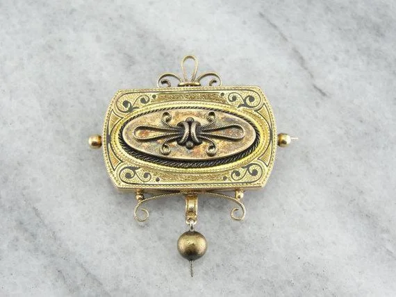 Burnished silver brooches-Victorian Black Enamel Gold Brooch