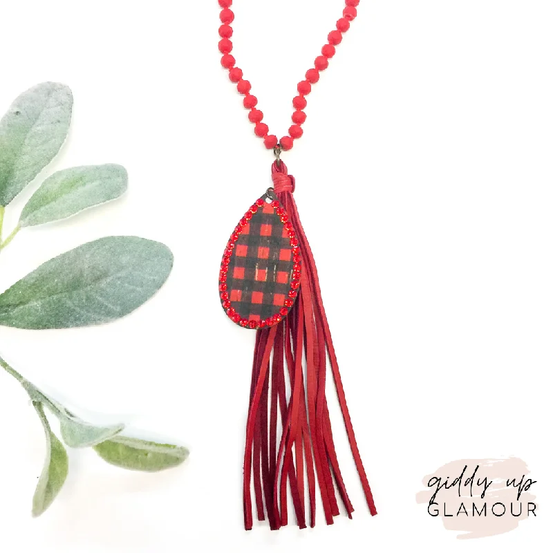 Subtle gem necklaces-Pink Panache Long Black Crystal Tassel Necklace with Buffalo Plaid Teardrop and Red Crystals