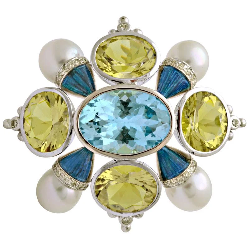 Jasper inlay brooches-Brooch-Blue Topaz, Lemon Quartz, South Sea Pearl and Diamond (Enamel)  (132AS)