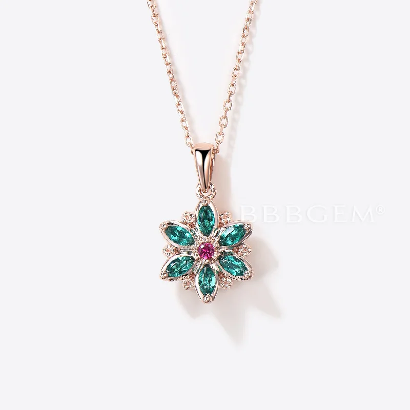 Tiger eye necklaces-Marquise Cut Emerald Floral Pendant Rose Gold Nature Inspired Necklace