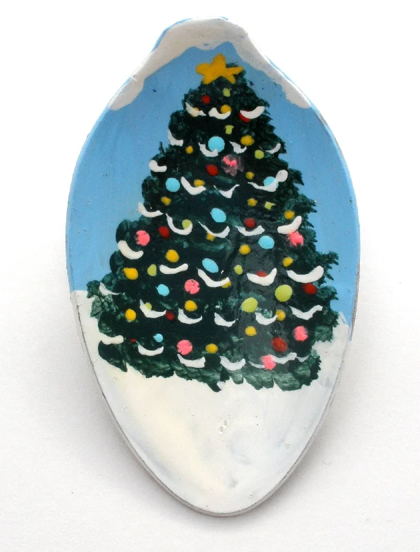 Ridged gold brooches-Hand Painted Christmas Tree Spoon Brooch