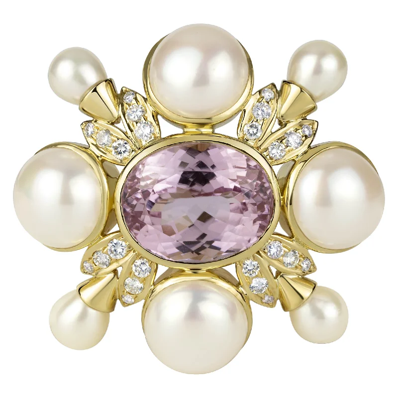 Box clasp brooches-Brooch- Kunzite, Pearl And Diamond (1220A)