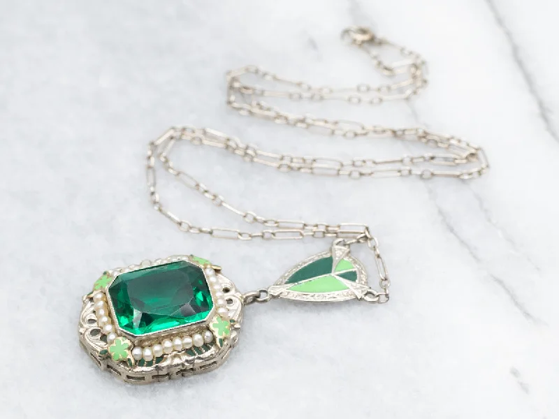 Sapphire pendant necklaces-Art Deco Era Green Glass Seed Pearl and Enamel Necklace