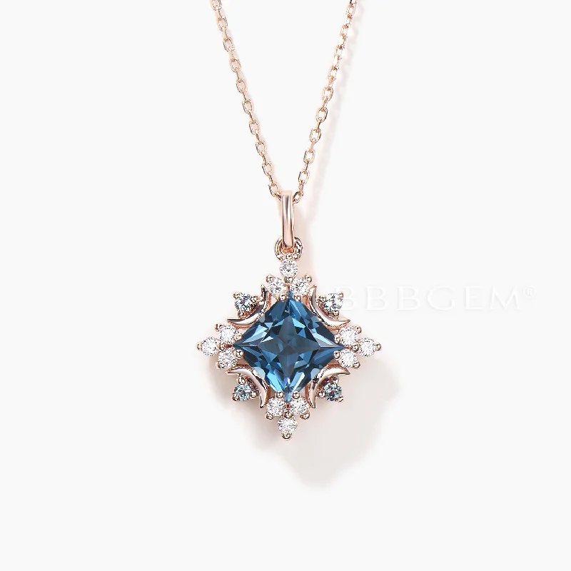 Solar charm necklaces-Celestial Moon Princess Cut Natural London Blue Topaz Halo Diamond Necklace