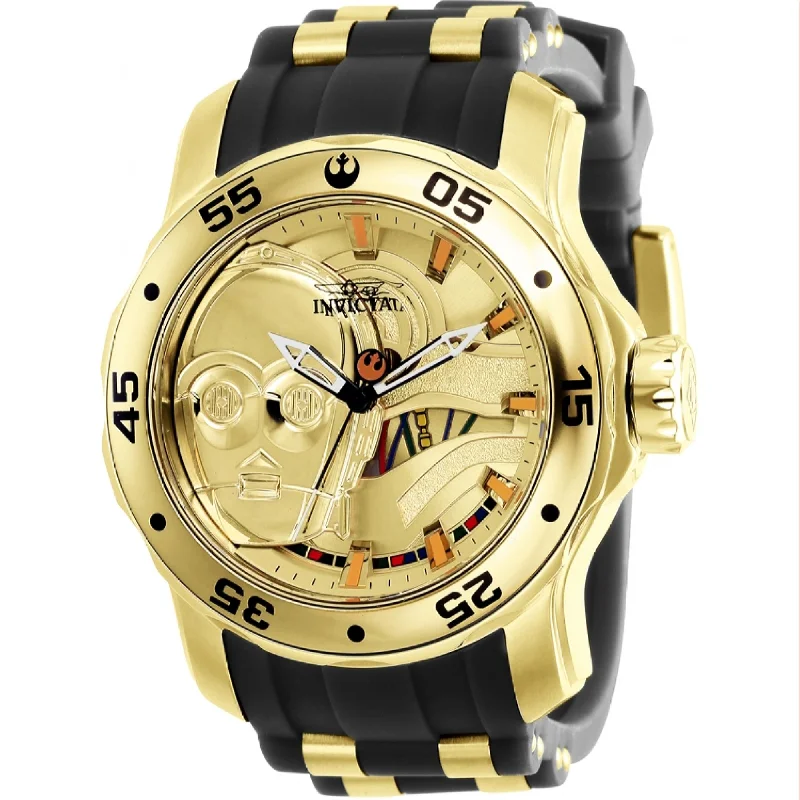 Retro slim watches-Invicta Men's 39540 Star Wars C-3PO Black and Gold-Tone Inserts Polyurethane and Stainless Steel Watch